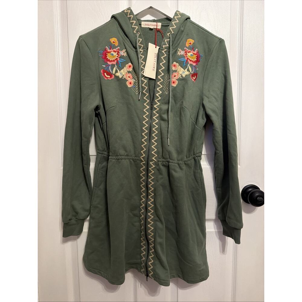 Solitaire Womens Jacket M Green Embroidered Floral Hoodie Full Zip Boho Cottage